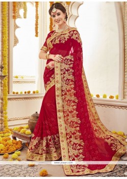 Faux Georgette Red Lace Work Classic Designer Saree