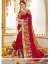 Faux Georgette Red Lace Work Classic Designer Saree