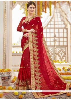 Faux Georgette Red Embroidered Work Classic Designer Saree