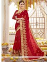 Faux Georgette Red Embroidered Work Classic Designer Saree