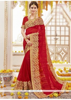 Faux Georgette Red Embroidered Work Classic Saree