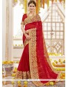 Faux Georgette Red Embroidered Work Classic Saree