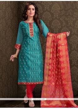 Embroidered Work Chanderi Blue Churidar Designer Suit