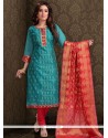 Embroidered Work Chanderi Blue Churidar Designer Suit