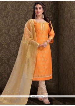 Orange Embroidered Work Chanderi Churidar Designer Suit