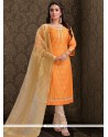 Orange Embroidered Work Chanderi Churidar Designer Suit