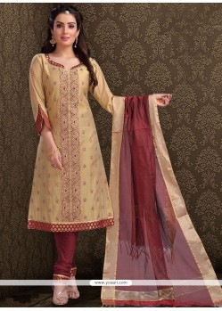 Embroidered Work Beige Chanderi Churidar Designer Suit