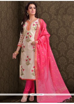 Chanderi Cream And Pink Embroidered Work Churidar Designer Suit