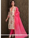 Chanderi Cream And Pink Embroidered Work Churidar Designer Suit