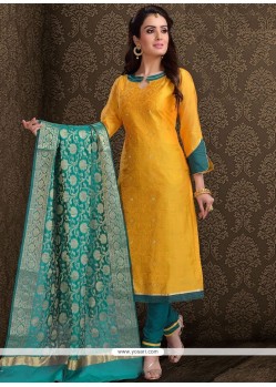 Chanderi Yellow Embroidered Work Churidar Designer Suit