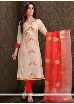 Embroidered Work Chanderi Cream Churidar Designer Suit