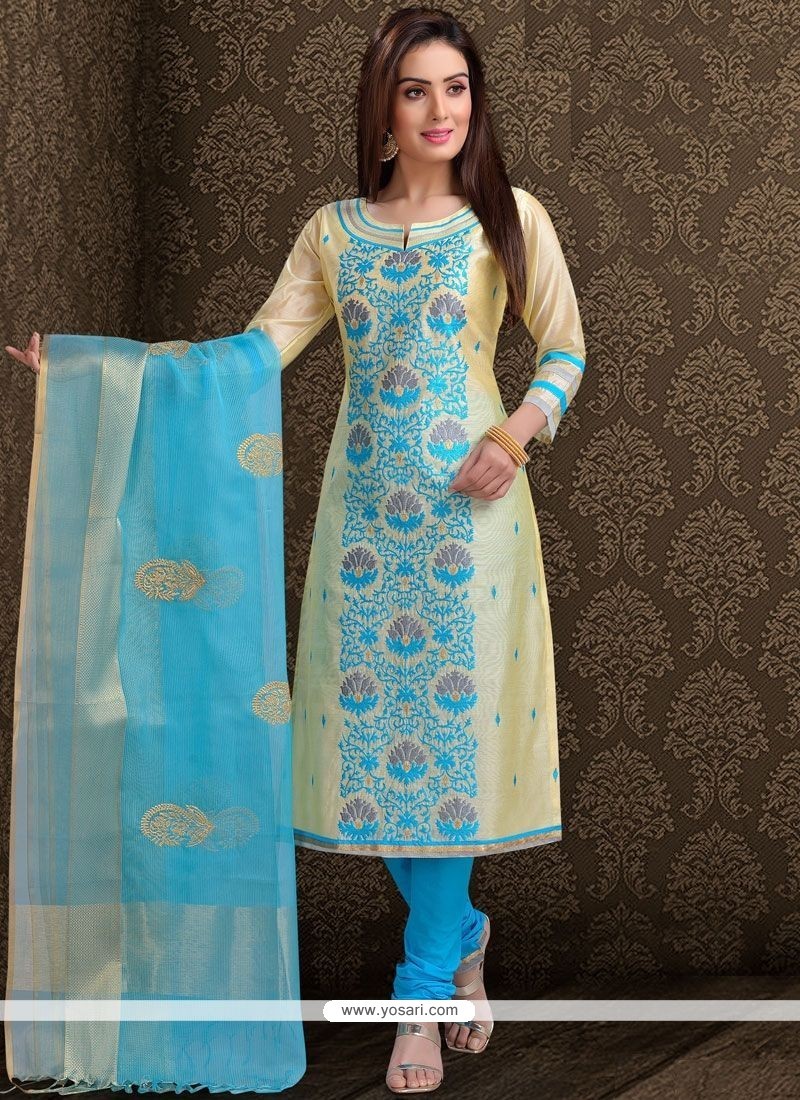 Buy Embroidered Work Blue Chanderi Churidar Designer Suit ...