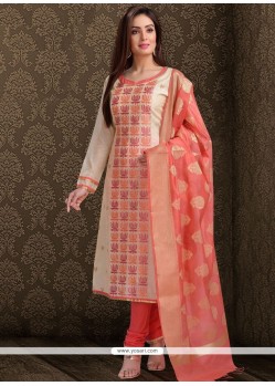 Embroidered Work Cream And Peach Churidar Designer Suit