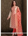 Embroidered Work Cream And Peach Churidar Designer Suit