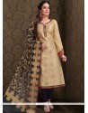 Beige Embroidered Work Chanderi Churidar Designer Suit