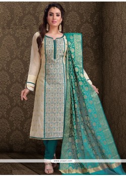 Beige And Sea Green Embroidered Work Churidar Designer Suit