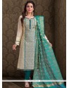 Beige And Sea Green Embroidered Work Churidar Designer Suit