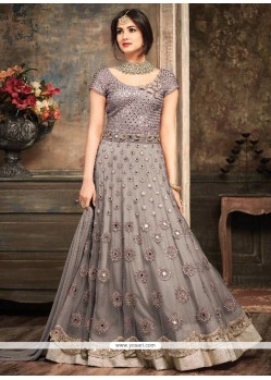 Net Grey Embroidered Work Floor Length Anarkali Suit