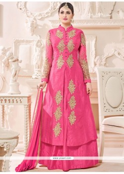 Embroidered Work Hot Pink Raw Silk Long Choli Lehenga