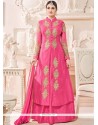 Embroidered Work Hot Pink Raw Silk Long Choli Lehenga