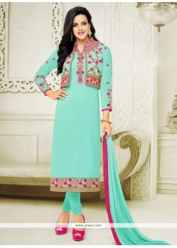 Embroidered Faux Georgette Churidar Designer Suit In Aqua Blue