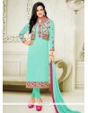 Embroidered Faux Georgette Churidar Designer Suit In Aqua Blue