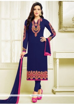 Faux Georgette Navy Blue Resham Work Churidar Designer Suit