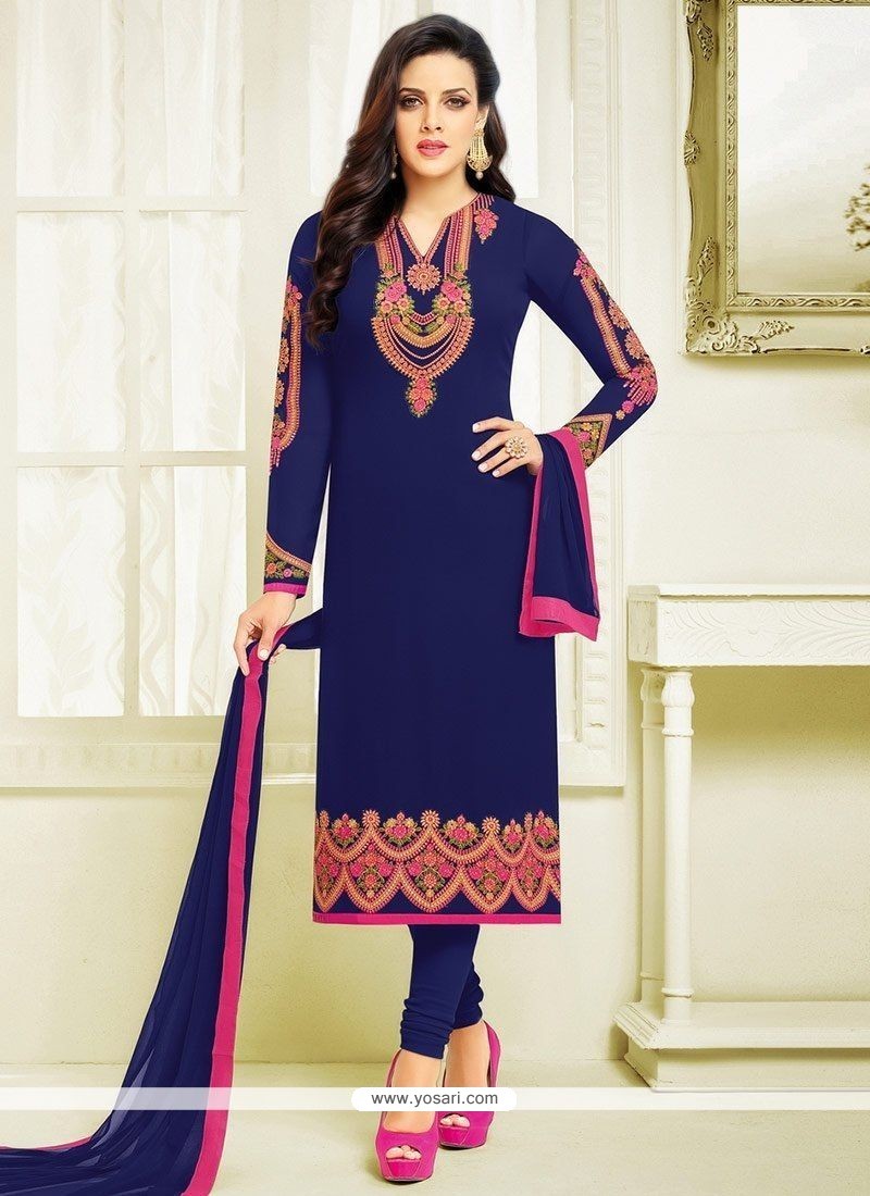 Buy Faux Georgette Navy Blue Resham Work Churidar Designer Suit ...