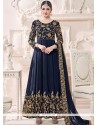 Navy Blue Patch Border Work Faux Georgette Anarkali Suit