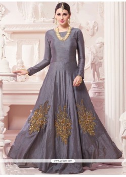 Embroidered Work Grey Dupion Silk Floor Length Anarkali Suit