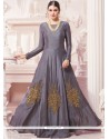 Embroidered Work Grey Dupion Silk Floor Length Anarkali Suit