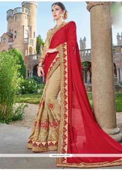 Patch Border Work Beige And Red Half N Half Designer Saree