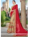 Patch Border Work Beige And Red Half N Half Designer Saree