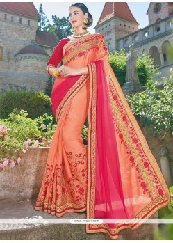 Hot Pink And Orange Faux Georgette Shaded Saree