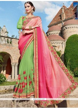 Faux Georgette Green And Pink Patch Border Work Half N Half Trendy Saree