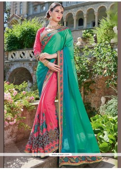 Pink And Turquoise Patch Border Work Half N Half Trendy Saree