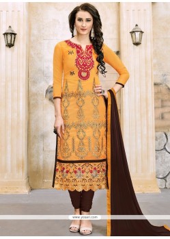 Embroidered Work Mustard Cotton Churidar Suit