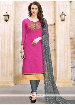 Embroidered Cotton Churidar Suit In Hot Pink