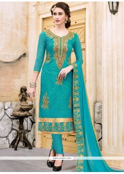 Cotton Blue Embroidered Work Churidar Suit