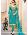 Cotton Blue Embroidered Work Churidar Suit