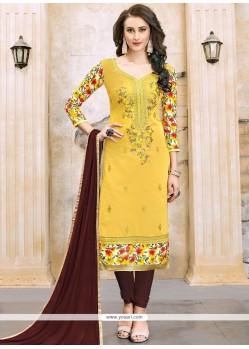 Cotton Yellow Embroidered Work Churidar Suit