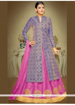 Embroidered Work Blue And Pink Long Choli Lehenga