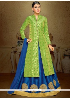 Blue And Green Jacquard Silk Long Choli Lehenga