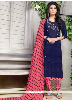 Print Cotton Churidar Suit In Navy Blue