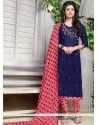 Print Cotton Churidar Suit In Navy Blue