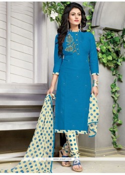 Print Work Blue Cotton Churidar Suit