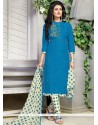 Print Work Blue Cotton Churidar Suit