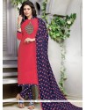 Hot Pink Print Work Cotton Churidar Suit