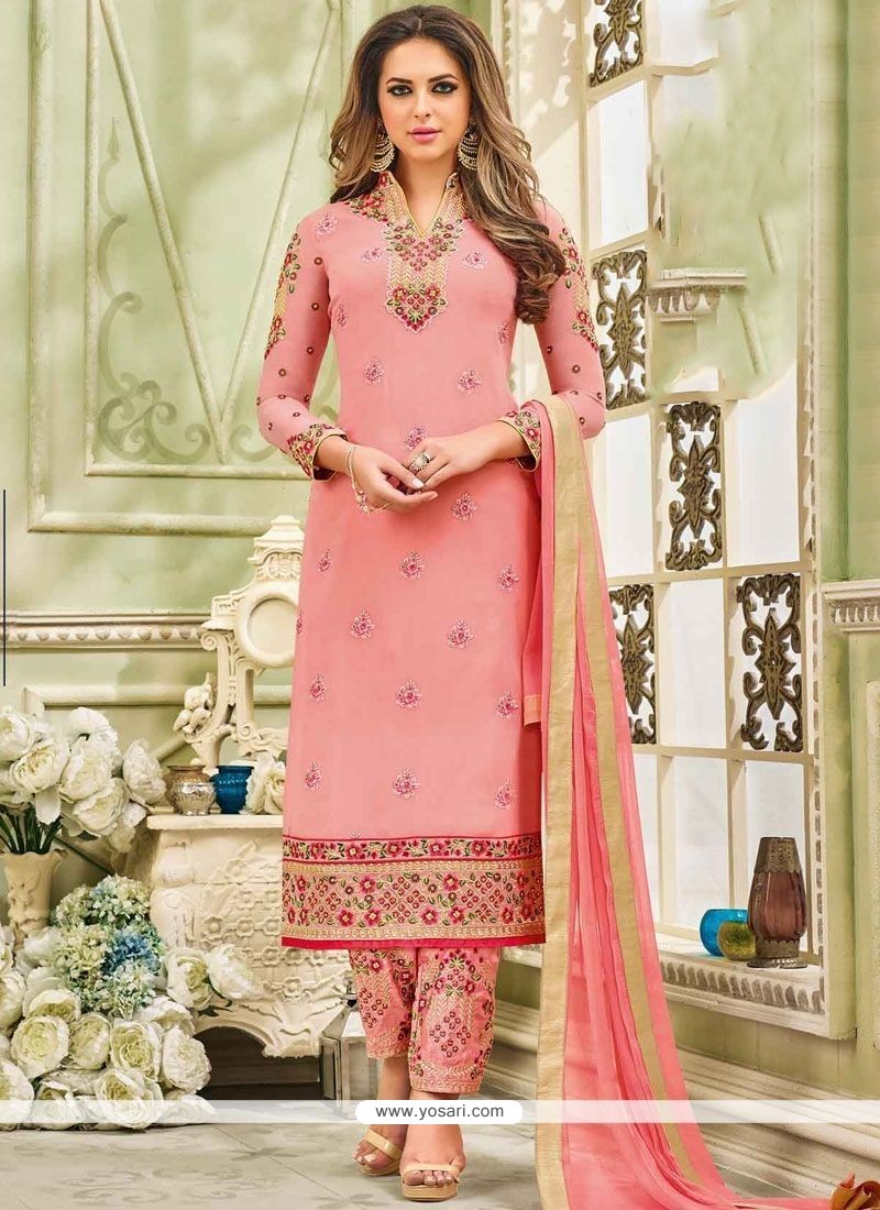 Buy Embroidered Work Pink Faux Georgette Designer Straight Suit ...