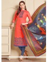 Cotton Peach Embroidered Work Churidar Suit